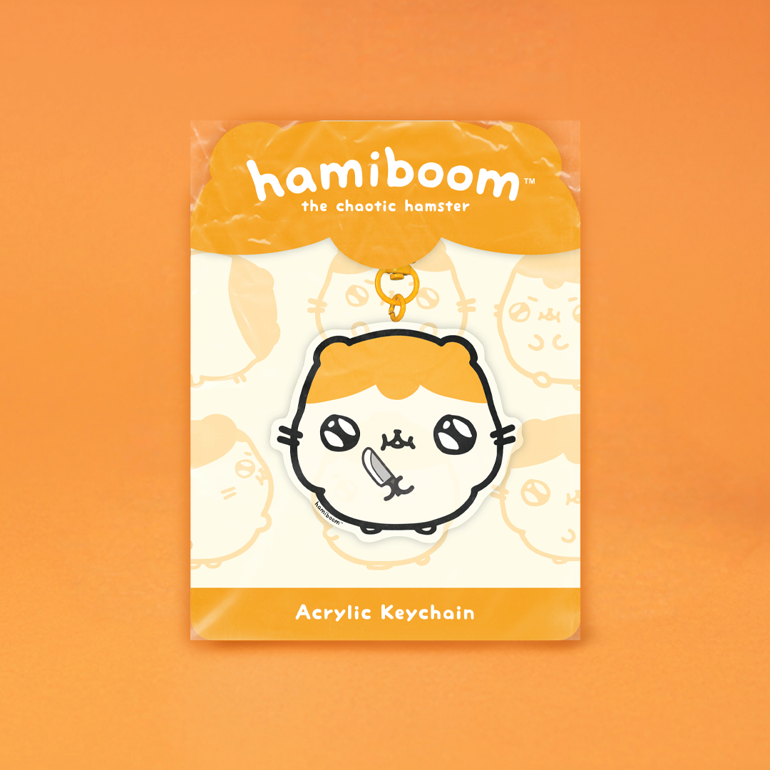 Acrylic keychain packaging with 'hamiboom' branding on an orange background