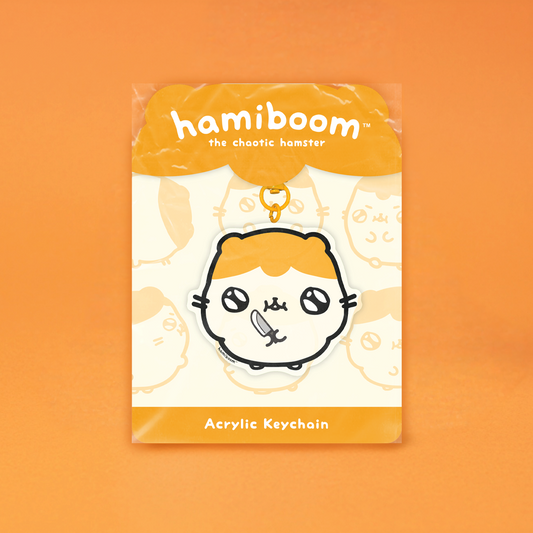 Acrylic keychain packaging with 'hamiboom' branding on an orange background