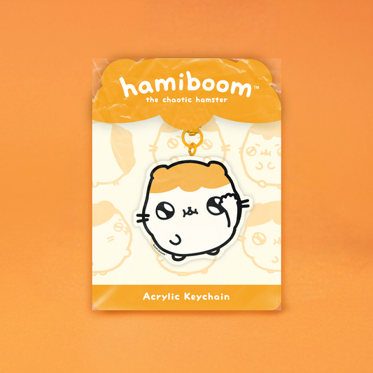 Acrylic keychain packaging with 'hamiboom' branding on an orange background