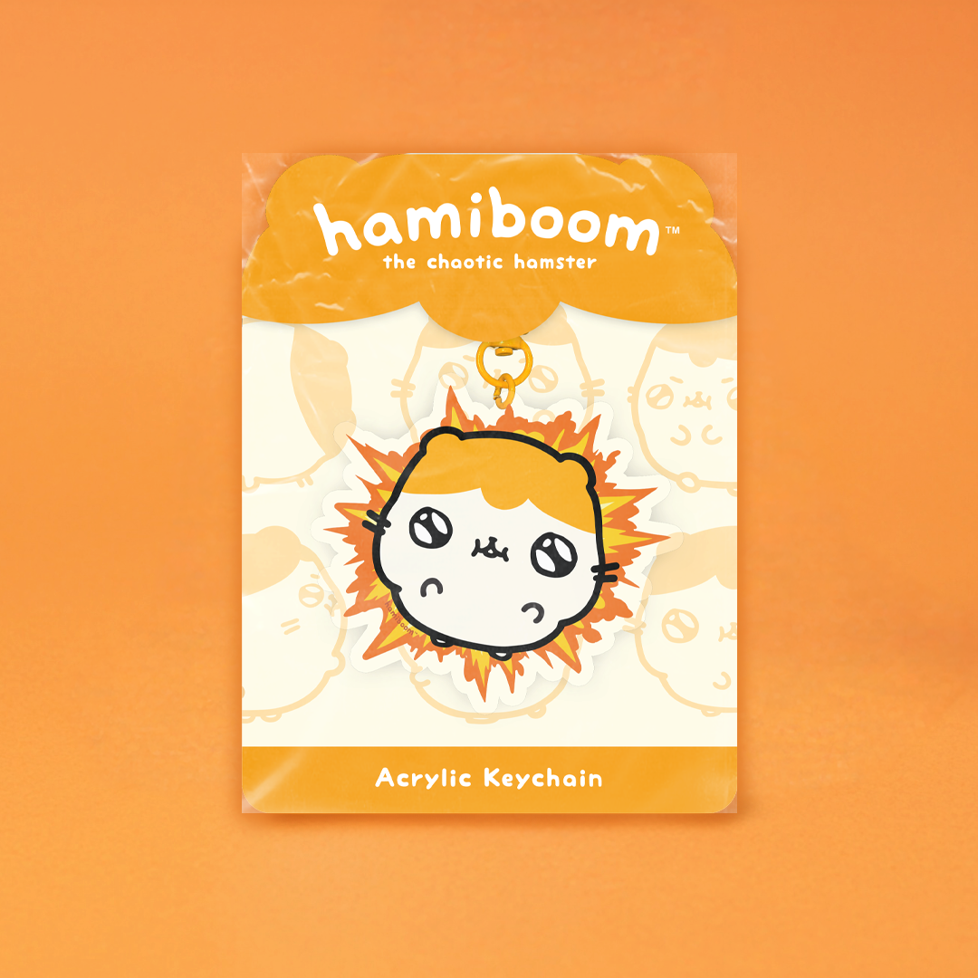 Acrylic keychain packaging with 'hamiboom' branding on an orange background