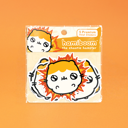 Pack of hamster-themed vinyl stickers with 'hamiboom' branding on an orange background